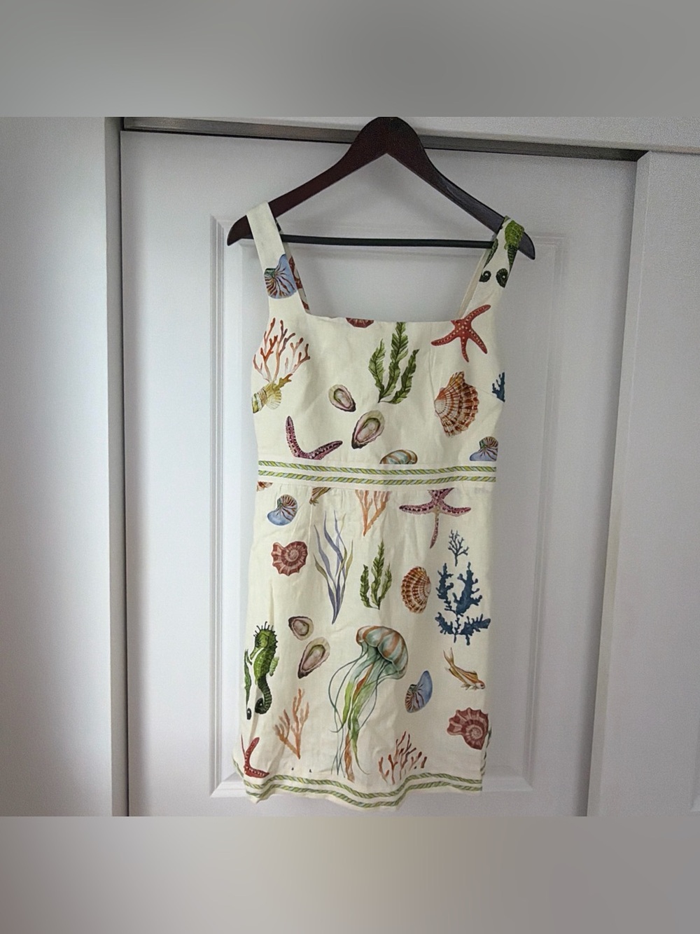 Caroline Constas Women's Mini Dress Linen Blend Beige  Sea Life Size S